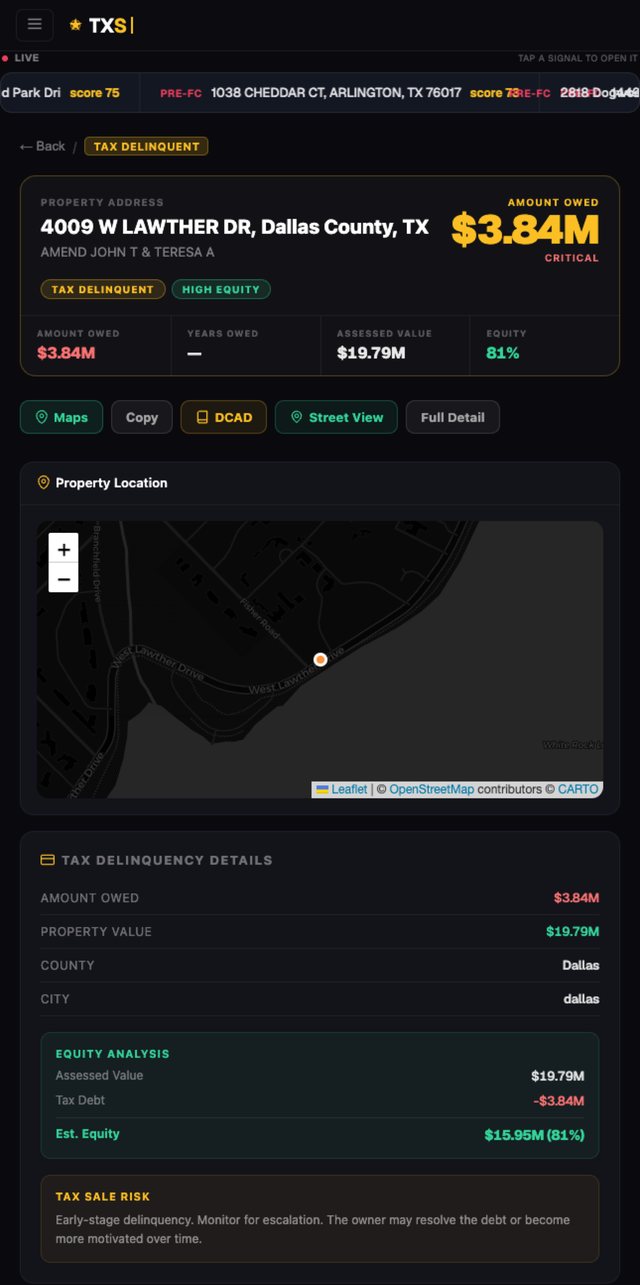 Texas Signals iOS app — Tap a property, get the whole file